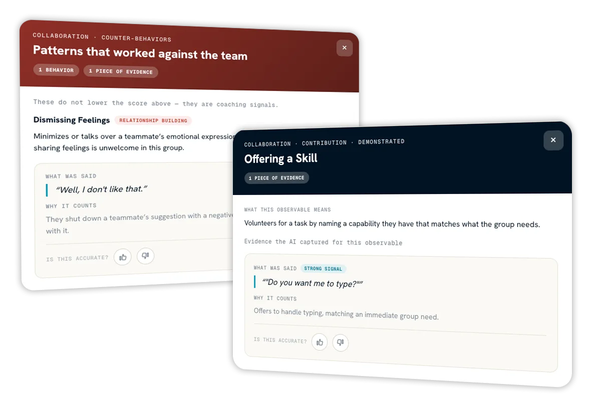 Two evidence cards from a team report: a counter-behavior that worked against the team, and a demonstrated skill with the quote that showed it